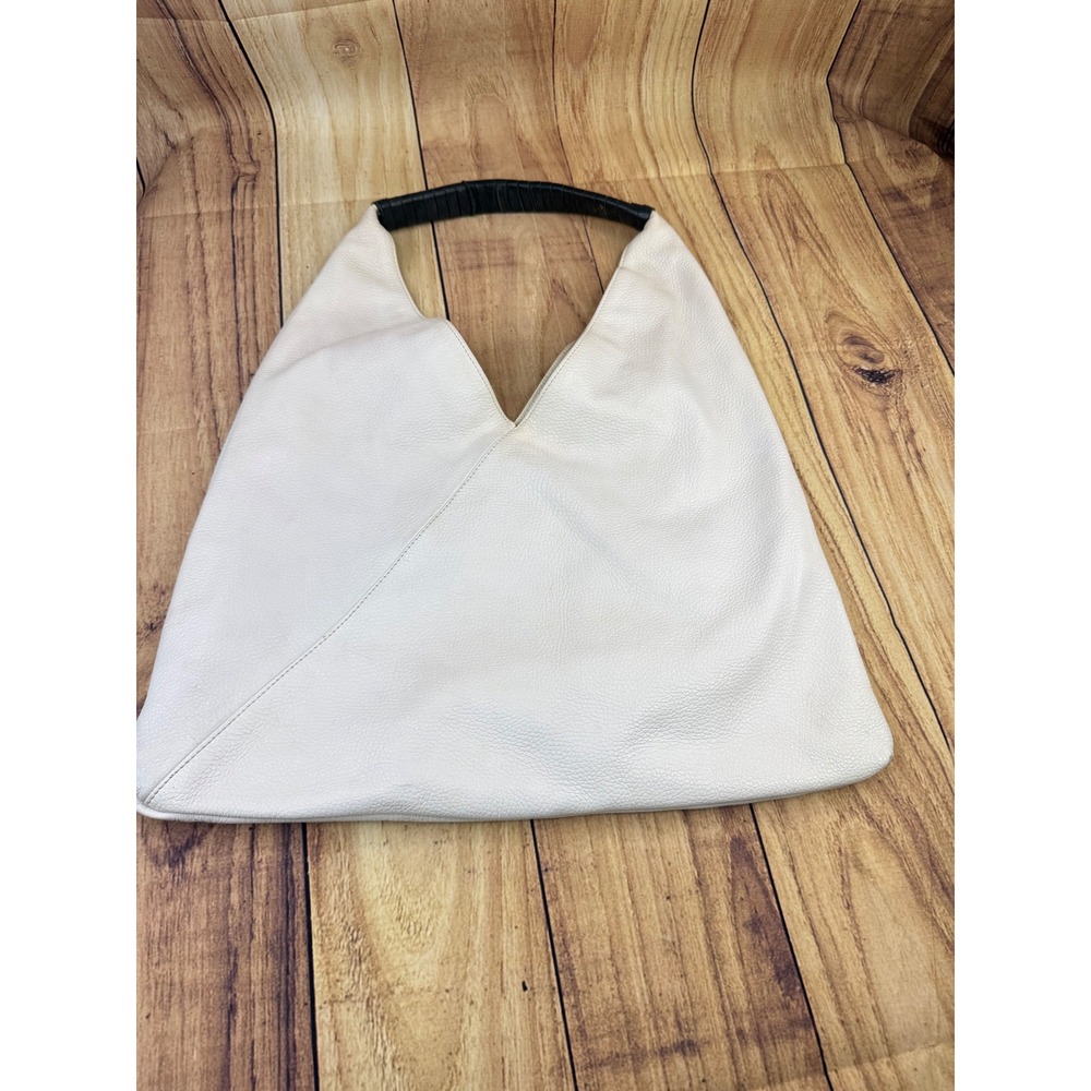 Minimalist White Pebbled Leather Asymmetrical Hobo Bag with Black Handle